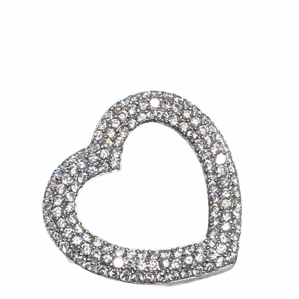 PUFFY STERLING SILVER & CRYSTAL DIAGONAL OPEN HEART PENDANT